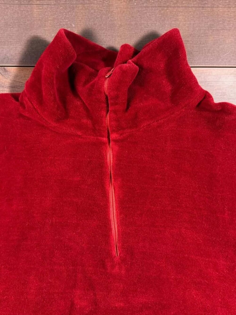 Vintage Red Velour Short Sleeve 1/4 Zip Pullover Mock Neck Sweatshirt M L Retro